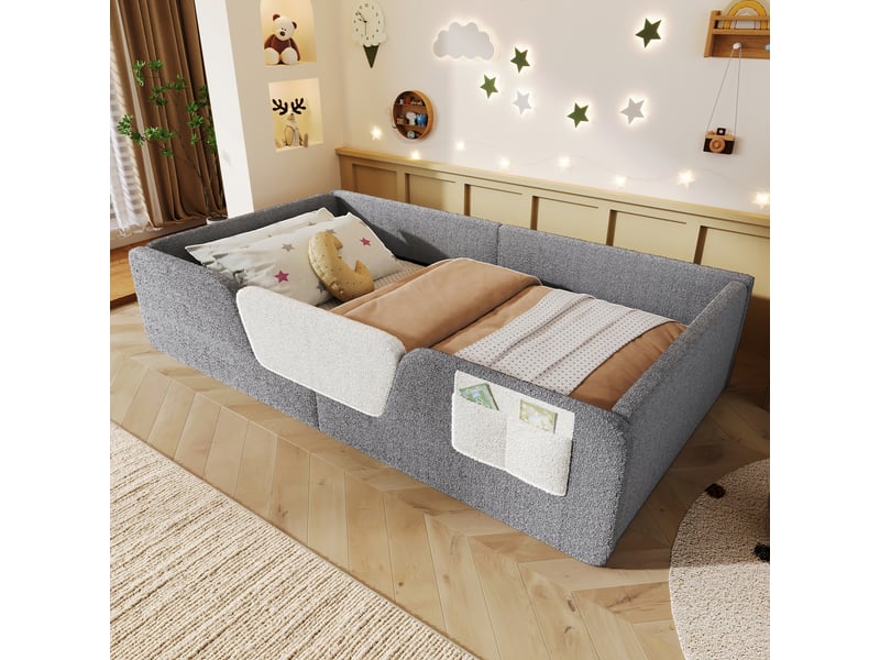  Lit enfant rembourré 90x190 cm, barrières amovibles, poche de rangement, velours, cadre bas, gris CozyNest - Conforama D