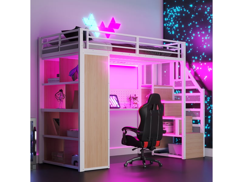  Lit mezzanine 90 × 200 cm 1 place avec bureau, rangements, led réglable et placard, sans matelas, métal blanc  - Conforama E