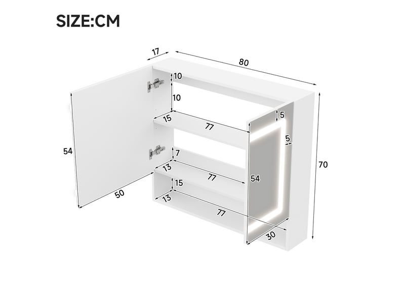  Armoire de salle de bain à miroir led avec 2 portes, 3 espaces de rangement et anti-buée, blanc, 80 × 17 × 70 cm  - Conforama E