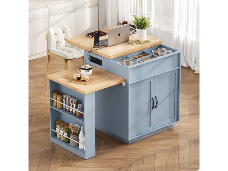Îlot de cuisine 125,5-187,5x71x93 cm en mdf extensible avec led et prises bleu chicfurn - Conforama E