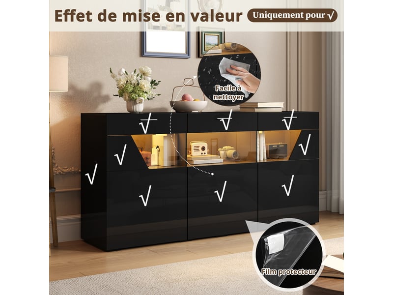  Buffet de rangement 160x38x78 cm, éclairage led, 3 portes, éléments vitrés, finition brillante pour salon et salle à manger - noir GL008867S - Conforama E