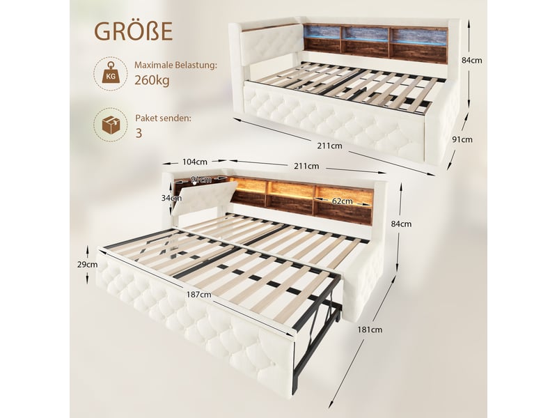 Lit banquette 90x190 cm, led, usb-c, canapé-lit extensible, accoudoir coffre, tête de lit étagère, sommier, velours, beige Seren Glow - Conforama C