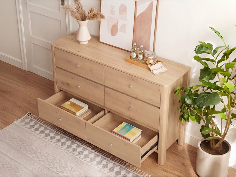  Commode à 6 tiroirs, 120 × 40 × 80 cm, grand espace de rangement, dotée de coulisses métalliques, finition chêne  - Conforama B