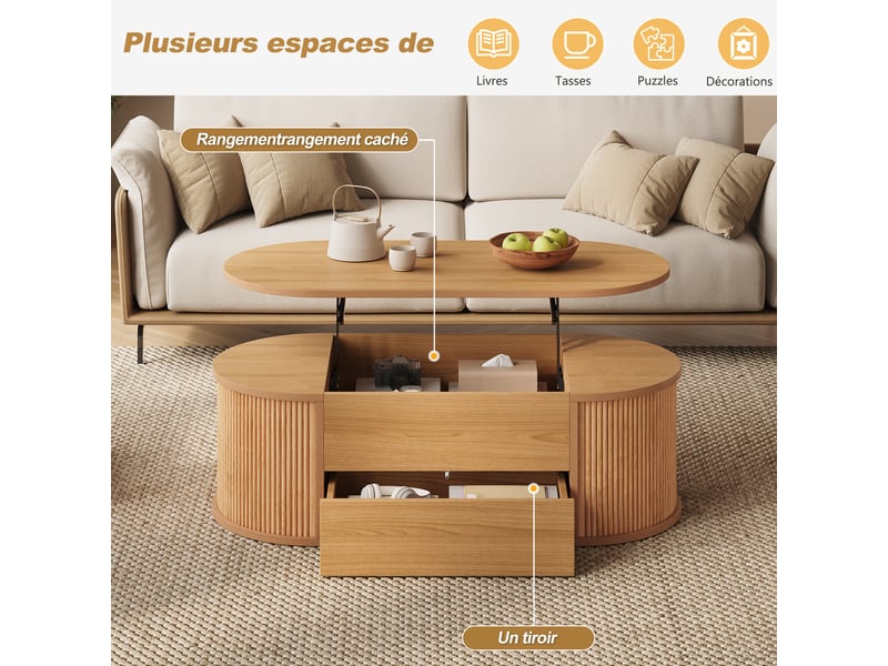  Table basse ovale 100 cm avec rangements, plateau relevable, 1 tiroir à pression, coffre intégré, mdf et panneaux de particules, décor bois clair Luxe haut de gamme - Conforama W