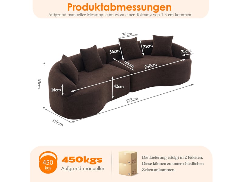  Canapé modulable 4 places incurvé en chenille marron foncé  275x115x63 cm, sans montage  - Conforama C