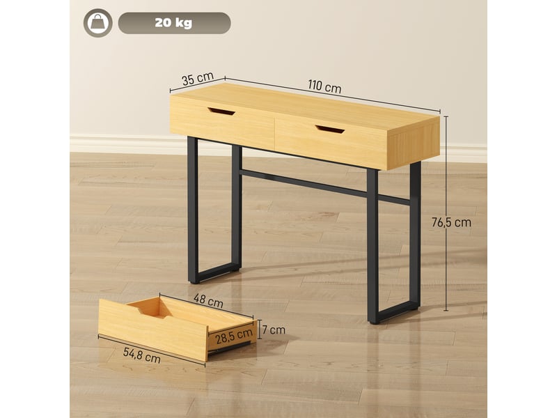  Console étroite à 2 tiroirs, structure en métal, pour entrée, 110 x 35 x 76,5 cm, finition naturelle  - Conforama E