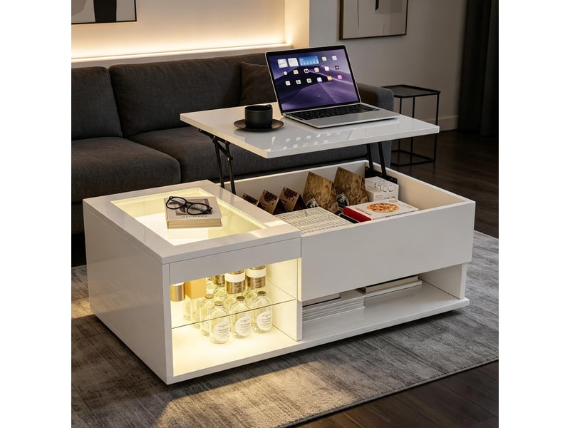 Table basse relevable blanche – led – rangement xxl – 2 tiroirs - 100×55×33 cm - Conforama B