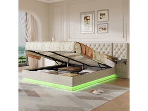 Lit coffre 2 places européen 160x200 cm, lit adulte, rangement, 2 chevets, led, recharge sans fil, port usb, lin beige