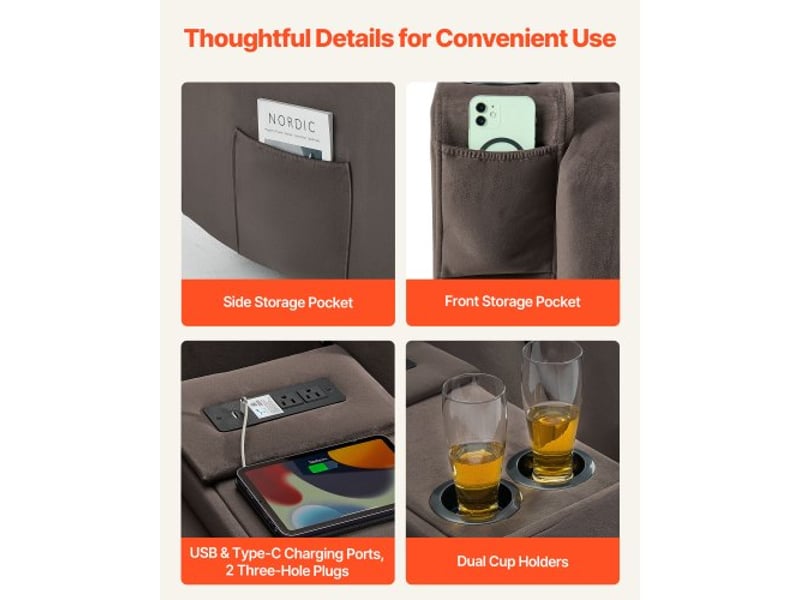  Canapé inclinable électrique 2 places, causeuse inclinable avec chauffage, massage et console centrale, en daim, avec ports usb, porte-gobelets et poches latérales, pour salon appartement  - Conforama D