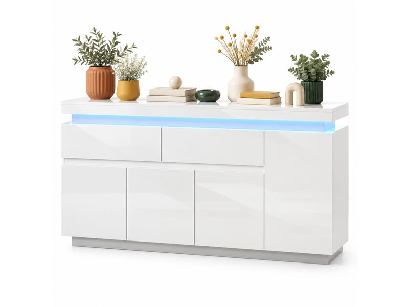  Buffet bas blanc à led – 2 tiroirs, 4 portes, 140 x 35 x 72,5 cm  - Conforama A