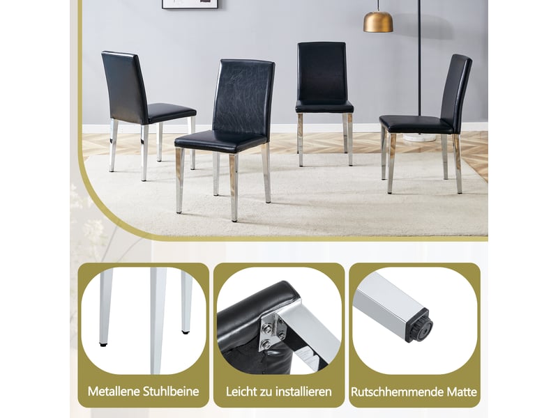  Lot de 4 chaises de salle à manger avec dossier ergonomique  - pieds métal, simili cuir noir et argent  - Conforama E