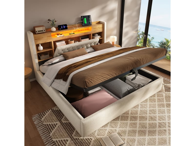  Lit coffre 140 × 190 cm, lin, beige, led, usb-c IKSETERA TRADING LTD - Conforama E