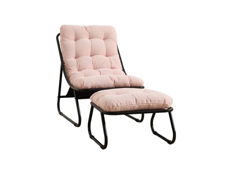  Fauteuil de jardin avec repose-pieds en velours côtelé rose, structure acier noir, pour intérieur et extérieur  - Conforama A