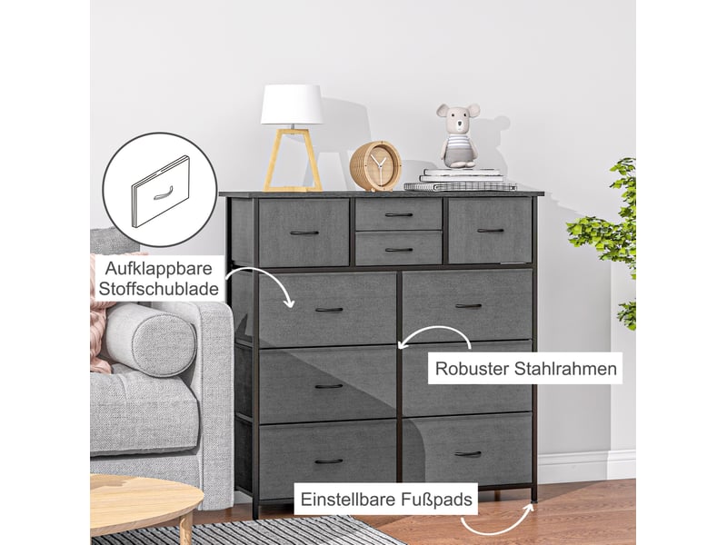 Commode de rangement avec 10 tiroirs pliables en tissu, structure en acier et pieds réglables pour chambre, noir - Conforama E