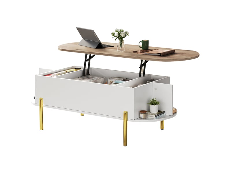  Table basse relevable 120x50x43 cm avec rangement mdf blanc et bois naturel  - Conforama A