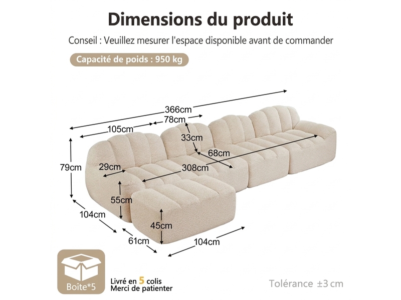 Canapé modulaire 4 places avec ottomane amovible - assise profonde 366 x 165 x 79 cm, sans montage - Conforama C