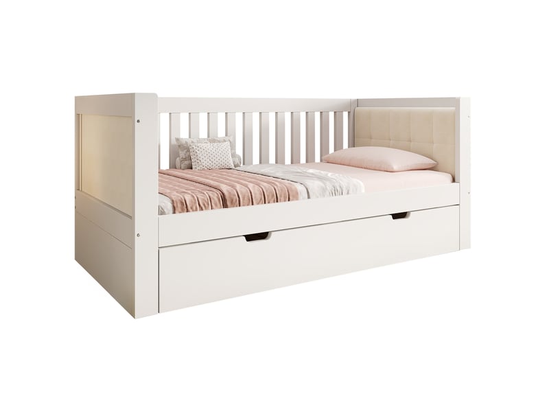  Modenvie lit gigogne 90x190 cm - en bois massif, avec dossier rembourré, sans matelas - blanc  - Conforama A