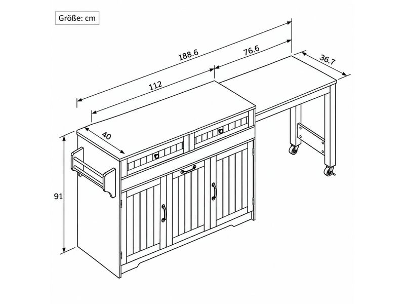 Desserte de cuisine avec table extensible, 2 tiroirs, 2 portes et rangement pour poubelle, en mdf blanc et naturel - Conforama C