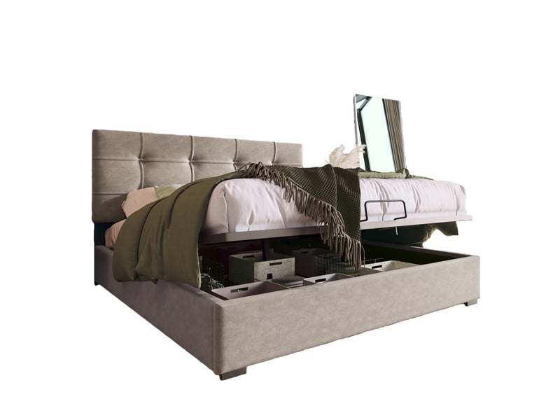  Lit coffre 140x200 cm - lit coffre capitonné double avec rangement, tête de lit ajustable et cadre métallique, velours gris, matelas inclus  - Conforama A