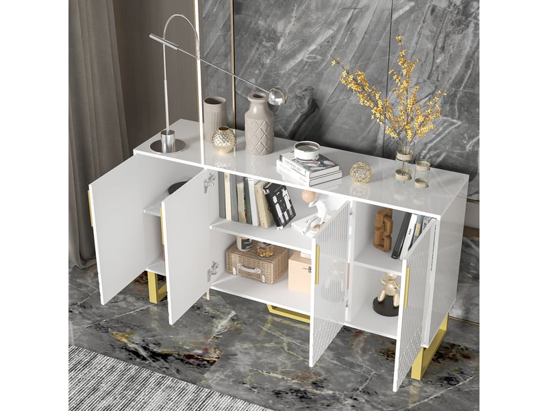 Buffet blanc 140x40x80 cm – 4 portes, design géométrique, pieds et poignées métal, meuble salon moderne  - Conforama D