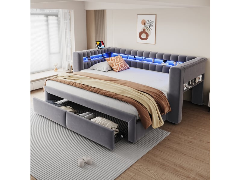  Couchage gigogne, 90x190 cm, 180x190 cm avec tiroirs, rangements, led, usb, matelas non inclus, velours, coloris gris  - Conforama B