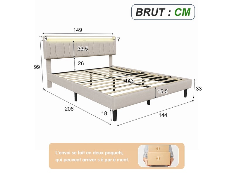  Lit 140x200cm - lit double 140x200 en lin avec tête de lit lumineuse, rangement, prises usbtype-c, éclairage led rgb - beige  - Conforama E