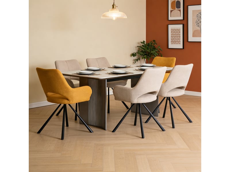  Lot de 6 chaise de salle à manger avec accoudoirs, pieds métal, beige + jaune  - Conforama C