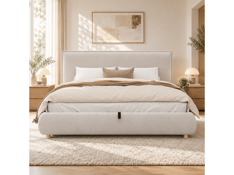  Lit double hydraulique 160x200cm, grand rangement, tête capitonnée et pieds bois massif, sommier lattes, crème velours  - Conforama D