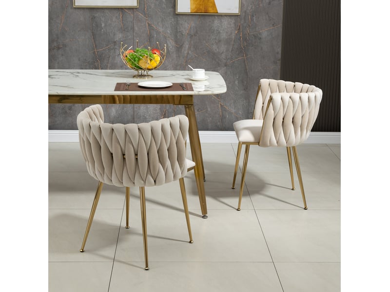  Chaise de salle à manger tcqpz lot de 2 en velours ivoire, dossier arrondi tressé, pieds métalliques dorés, 74 cm  - Conforama D