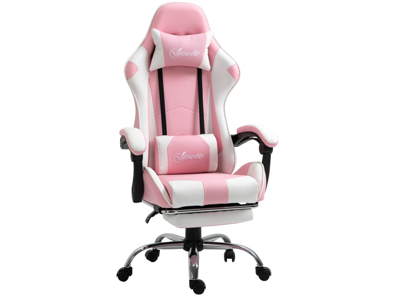  Chaise de gaming ergonomique bureau avec appui-tête coussin lombaire réglable en hauteur pivotante à 360° rose et blanc  - Conforama A