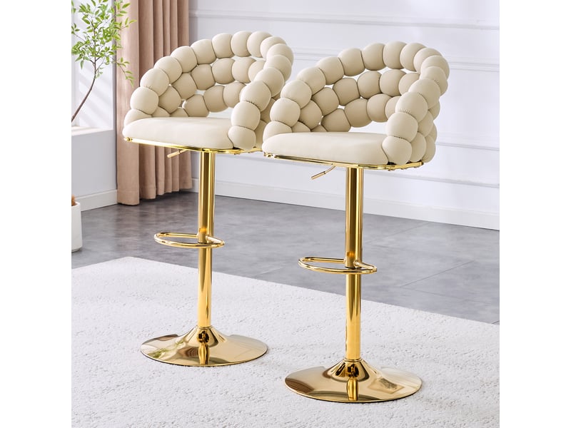  Lot de 2 tabourets de bar en velours crème, dossier chaîne, piètement réglable doré  - Conforama B