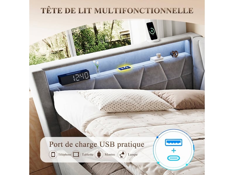  Lit coffre 140x200 velours gris foncé avec led, usbtype-c et sommier à lattes sans matelas  - Conforama E