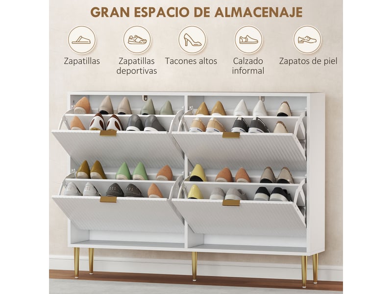 Meuble à chaussures étroit blanc, 4 portes cannelées, étagères réglables, 20 paires, 105 x 24 x 91,5 cm - Conforama W