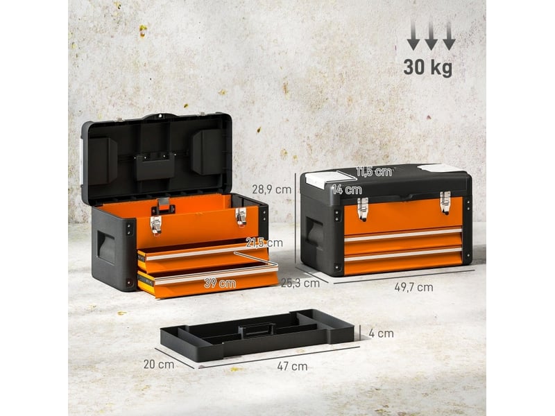  Boîte à outils vide 49,7x25,3x28,9 cm avec deux tiroirs, métal, orange  - Conforama C