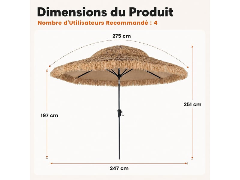  275cm parasol paille pe de jardin exterieur avec toit inclinable 30° | parasol terrasse exotique hawaien avec manivelle, 8 baleines  - Conforama C
