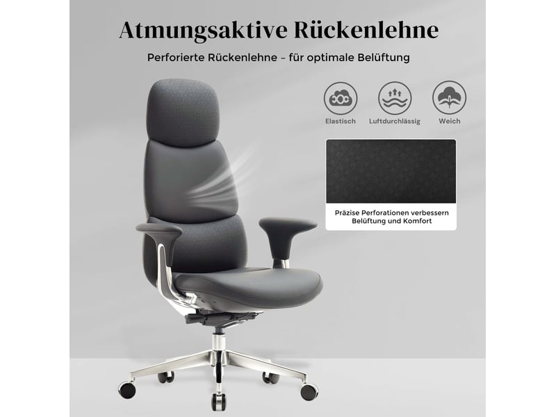  Fauteuil de bureau en cuir noir à dossier haut, inclinaison verrouillable jusqu'à 135°, charge 136 kg  - Conforama E