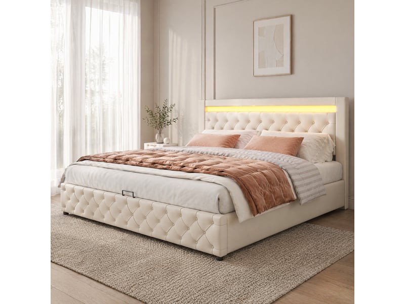  Lit rembourré 180 x 200 cm avec sommier à lattes relevable, rangement et led, blanc, pu  - Conforama D