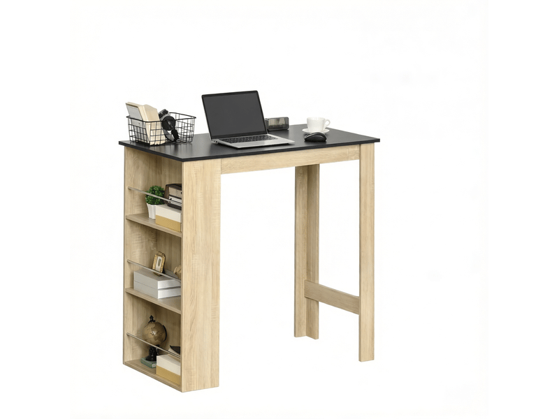  Table de salle à manger haute avec 3 étagères ouvertes, style contemporain, en panneau de particules, noir et chêne  - Conforama A