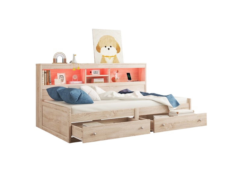 Lit banquette 90x200 cm - lit enfant multifonction avec ports usb et lumière led intégrée - structure mdf robuste - sans matelas - couleur naturel  - Conforama A