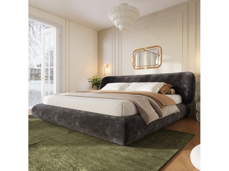  Lit double 160x200 cm en chenille gris avec sommier à lattes et tête de lit  - Conforama E