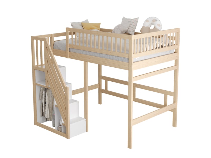  Lit mezzanine 140x200 cm, cadre de lit double en bois massif, lit enfant avec placard de rangement, couleur bois  - Conforama R