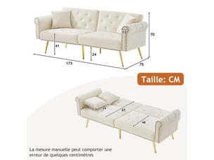 Canapé convertible 2 places velours beige pieds métal doré