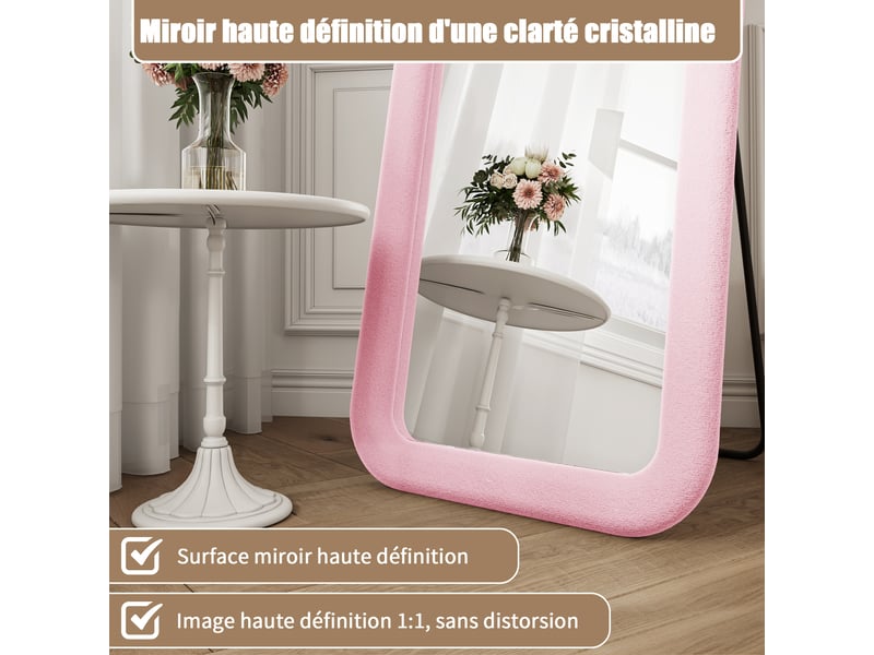  Miroir pleine longueur rose 160x50 cm à bords arrondis, cadre en flanelle rembourrée, au sol ou mural pour chambre et dressing  - Conforama R