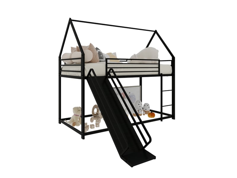  Lit superposé maison 90×190 cm, avec toboggan, escalier intégré, pour une chambre enfant, à assembler  - Conforama A