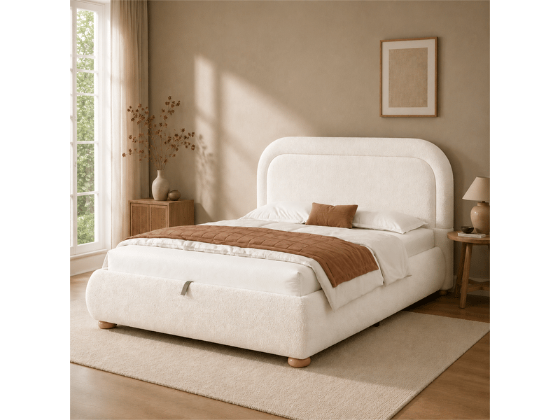  Lit coffre 160x200 cm blanc, tissu bouclé, sommier relevable hydraulique, tête de lit rembourrée, pieds en bois massif, sommier à lattes inclus  - Conforama R