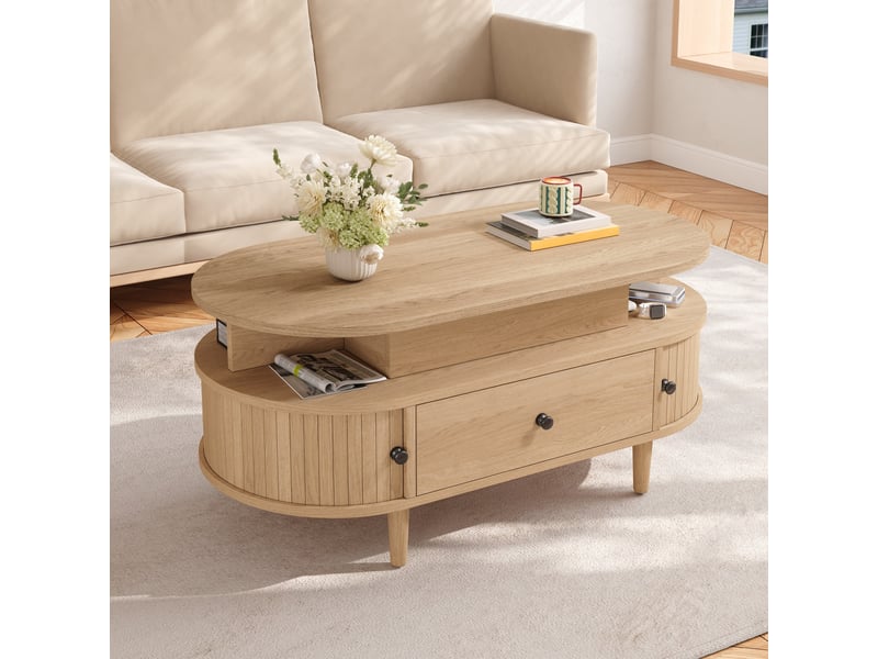 Table basse ovale avec plateau relevable 105x50x60,5 cm en mdf, rangement caché, tiroir, portes coulissantes et pieds en bois - bois naturel - Conforama B