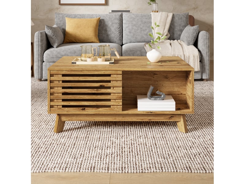 Table basse relevable 90 x 55 x 57,5 cm – naturel – plateau modulable et rangement intégré – style rétro - Conforama D