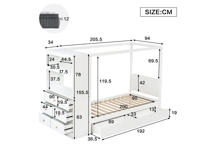 Modenvie lit enfant 90x200 cm - avec rangement, 5 tiroirs et barriere de securite, sans matelas - blanc  - Conforama C