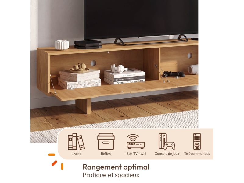  Meuble tv 180 cm arvin 2 portes avec reliefs arrondis bois clair  - Conforama D