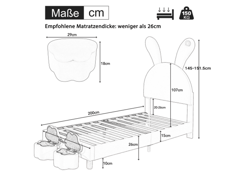 Lit enfant 90x200cm, lit double, en forme de lapin, avec 2 bancs de rangement, led, velours rose, sans matelas - Conforama D